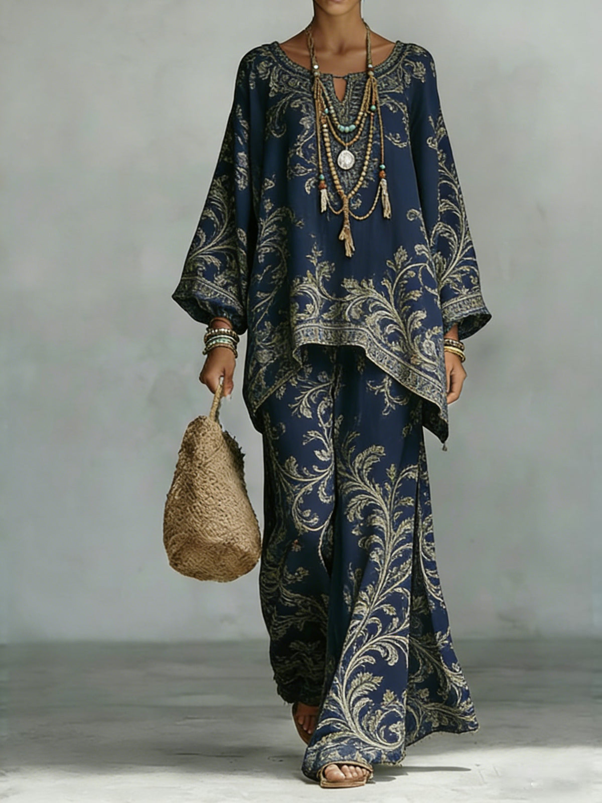 Women's Comfortable and loose print pattern cotton and linen wide-leg pants two-piece set