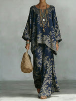 Women's Comfortable and loose print pattern cotton and linen wide-leg pants two-piece set