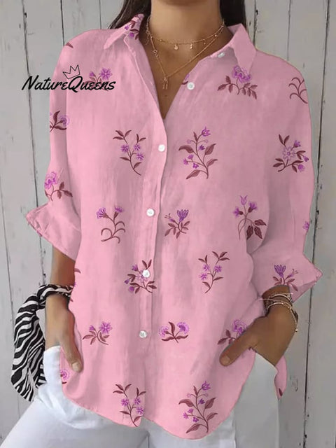 Women's Casual Retro Floral Cotton And Linen Shirt