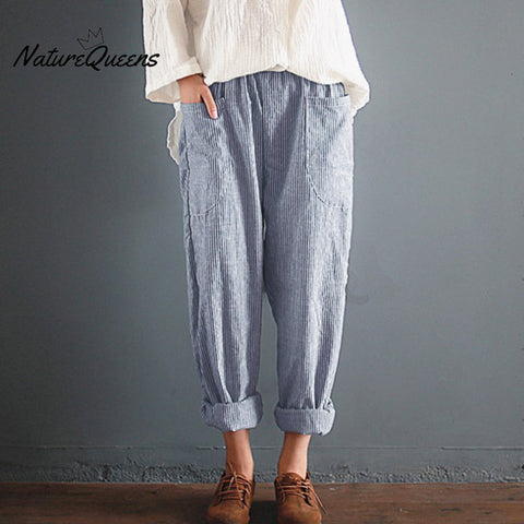Stripes Elastic Waist Pocket Comfy Pants
