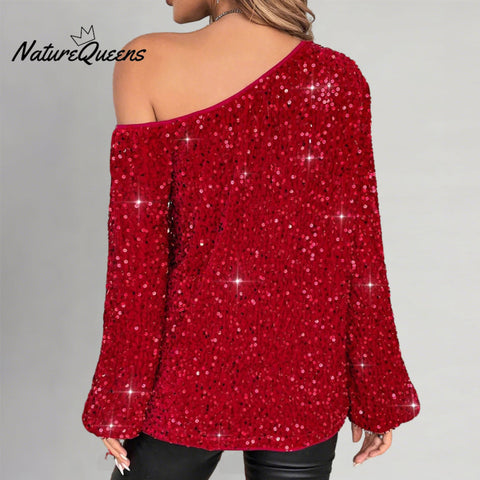 Women's Party Red Sequin One Shoulder Long Flare Sleeve Top