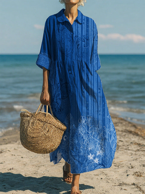 Women's Casual Cotton-Linen Peter Pan Collar 3/4 Sleeve Dress