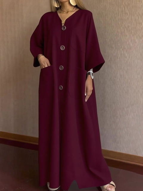 Women's Casual Loose Pocket Button Cotton Linen Dress
