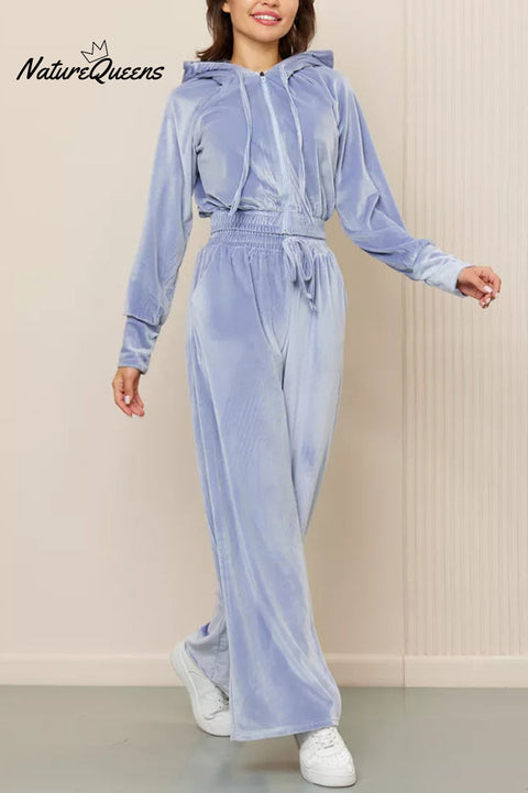 Solid Color Velvet Hooded Zip-up Sweatshirt and Elastic Waist Casual Pocket Straight-leg Pants Set