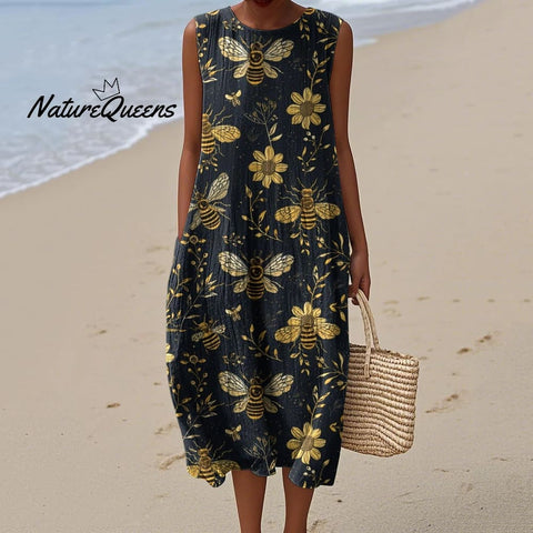 Women's Bees And Flowers Botanical Art Print Crew Neck Tank Midi Dress