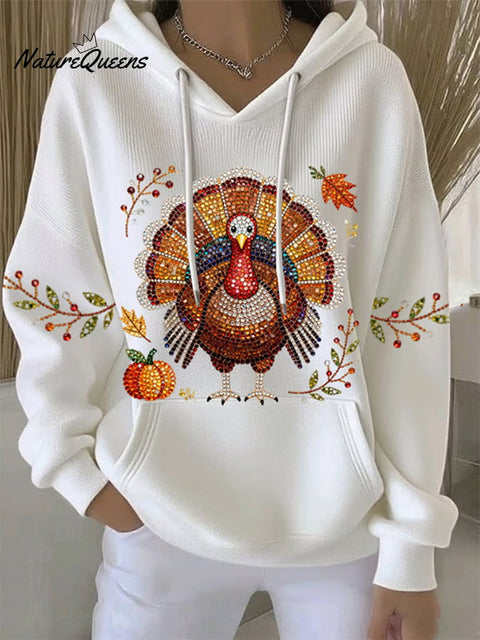 Women's Rhinestone Turkey With Pumpkin And Leaves Thanksgiving Print Casual Sweatshirt