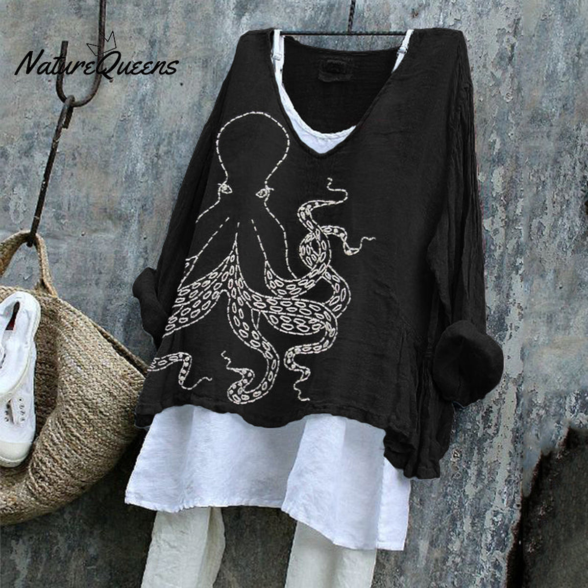 Japanese Octopus Embroidered Sashiko Linen Blend Tunic