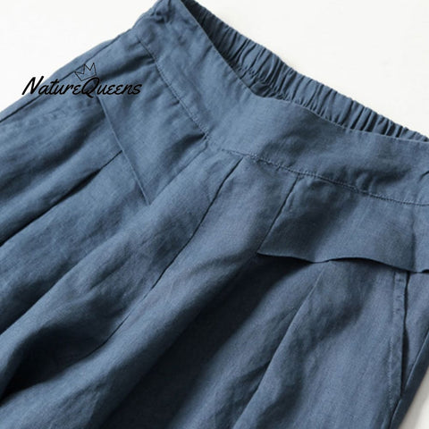 Cotton Linen Loose Semi - Elastic Cropped Pants