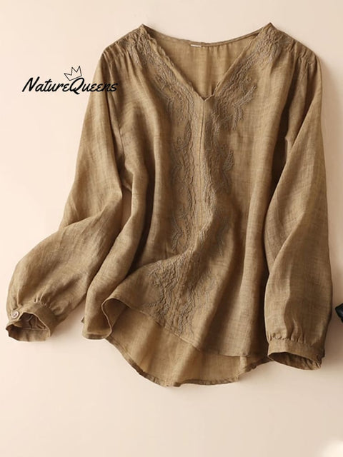 Cotton And Linen  Loose V-neck Embroidered Long Sleeve Shirt