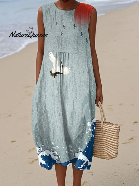 Women's Flying Cranes Japanese Art Pattern Sleeveless Linen Pocket Wrap Dress