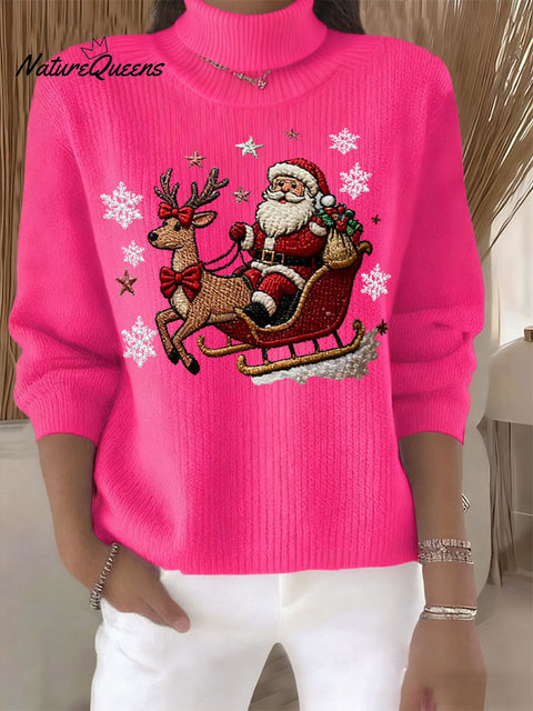 Women's Retro Santa Print Turtleneck Knit Top