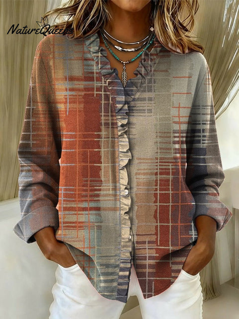 Women's Casual Print Cotton And Linen Ruffle Shirt