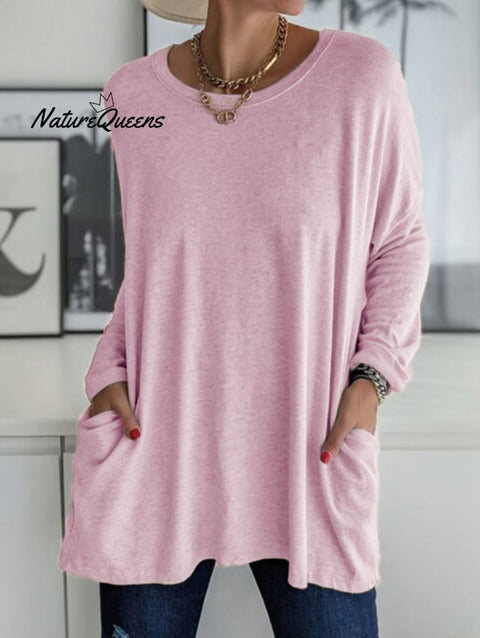 Casual Crew Neck With Pockets Loose Long Sleeve Blouse Pink / S