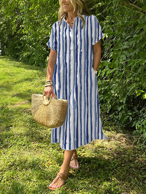 Striped Lapel Button Up Dress