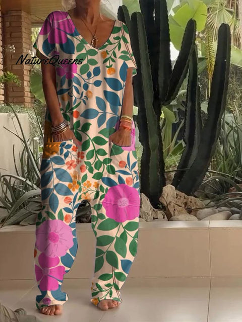 Casual Floral Print V-neck Jumpsuit