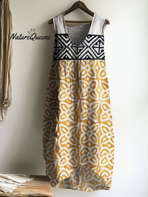 Indigo Floral Ethnic Natural Block Print Linen Tank Dress