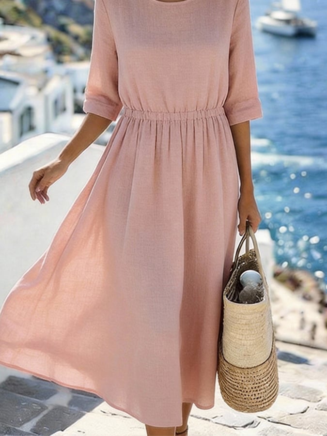 Women'S Solid Color Round Neck Loose-Fitting Vacation Dress