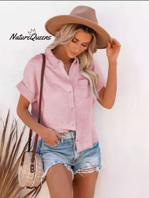 Women’s Cotton Linen Short Sleeves Ladies Lapel Buttoned Shirt Pink / S