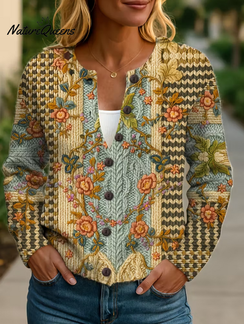 Women's Floral Print Crew Neck Button Cardigan