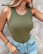 Round Neck Ribbed Tank Top With Bra Pads