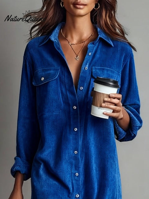 Loose Corduroy Double Chest Pocket Single Breasted Midi Dress