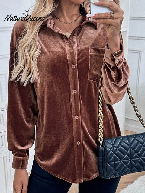 Women'S Casual Lapel Long-Sleeved Velvet Top