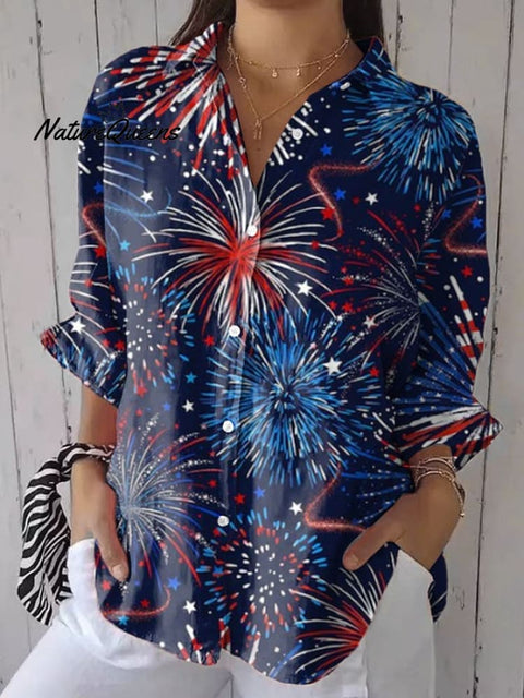 Women's Casual Cotton and Linen Independence Day Shirt