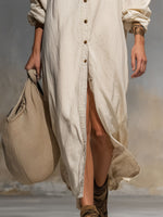 Loose Single-breasted Floral Embroidered Cotton And Linen Long-sleeved Maxi Dress