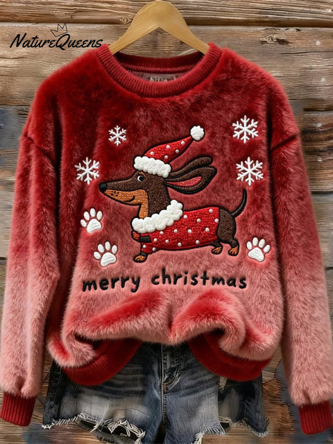 Women's Winter Christmas Dachshund Flannel Crew Neck Furry Top
