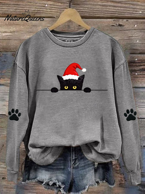 Women's Christmas Cat Printed Crew Neck Sweatshirt