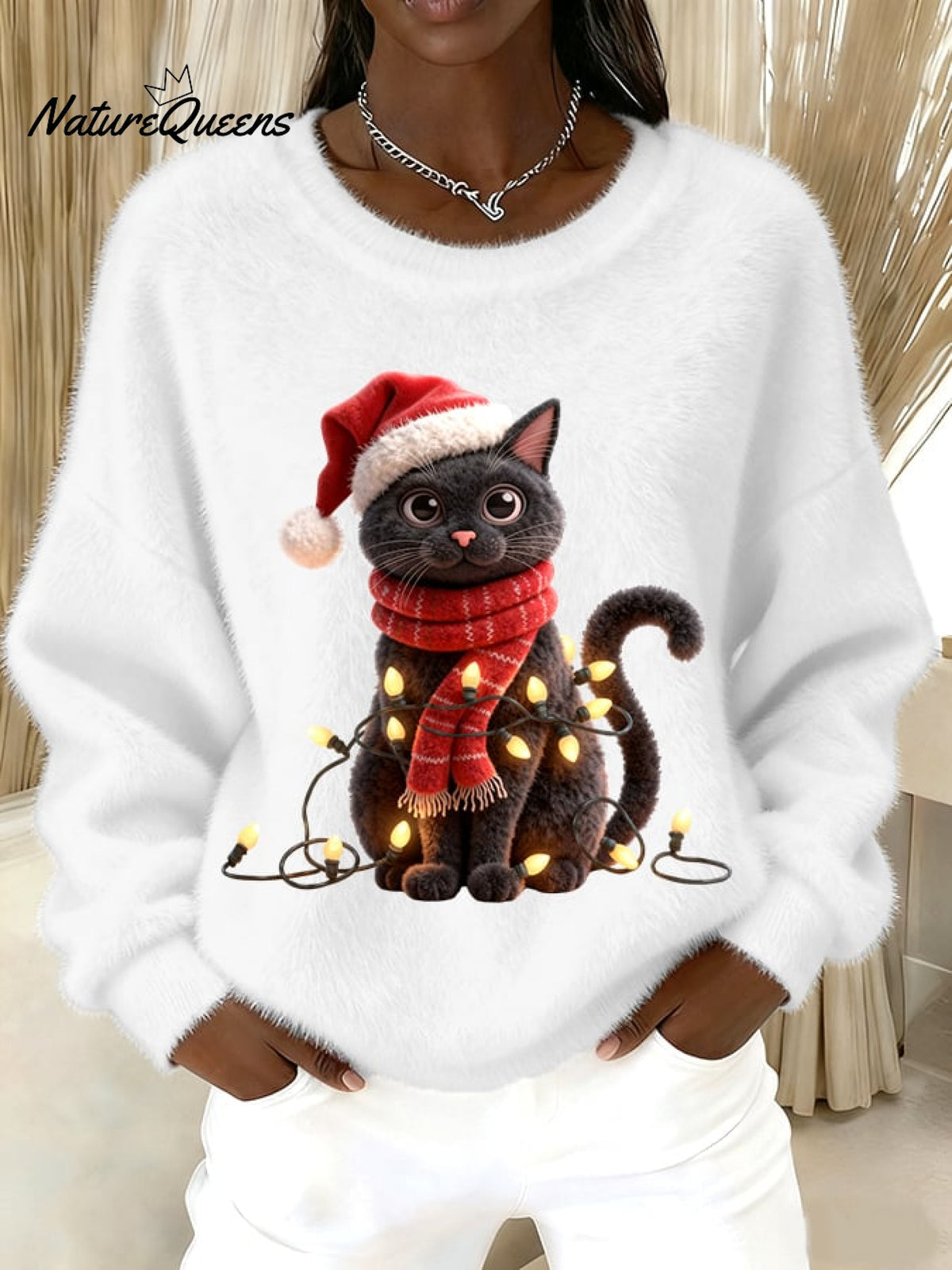 Women's Vintage Christmas Black Cat Print Sweater