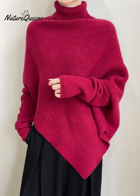 Women Red Asymmetrical Thick Woolen Sweaters Winter