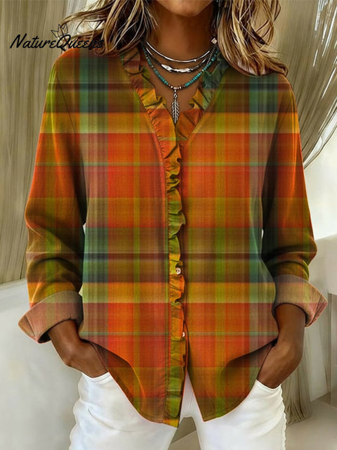 Women's Plaid Print Casual Cotton And Linen Ruffle Shirt