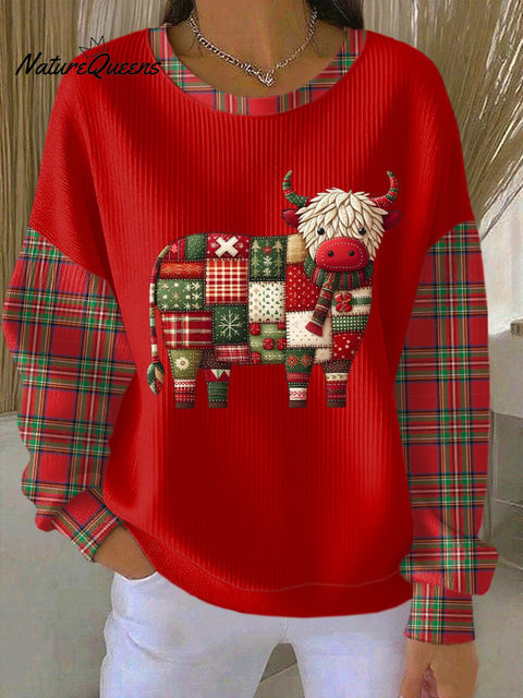 Women's Christmas Highland Cow Print Knit Crew Neck Long Sleeve Top