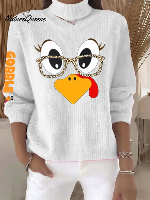 Women's Retro Thanksgiving Turkey Print Turtleneck Knit Top