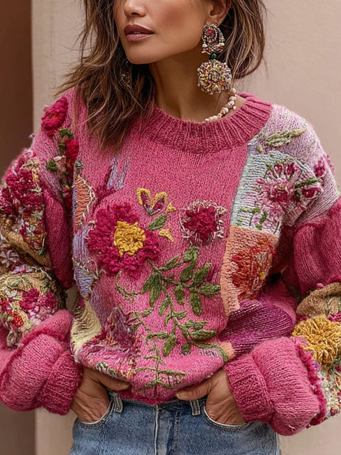 Women's Bohemian Floral Embroidery Art Cozy Knitted Sweater
