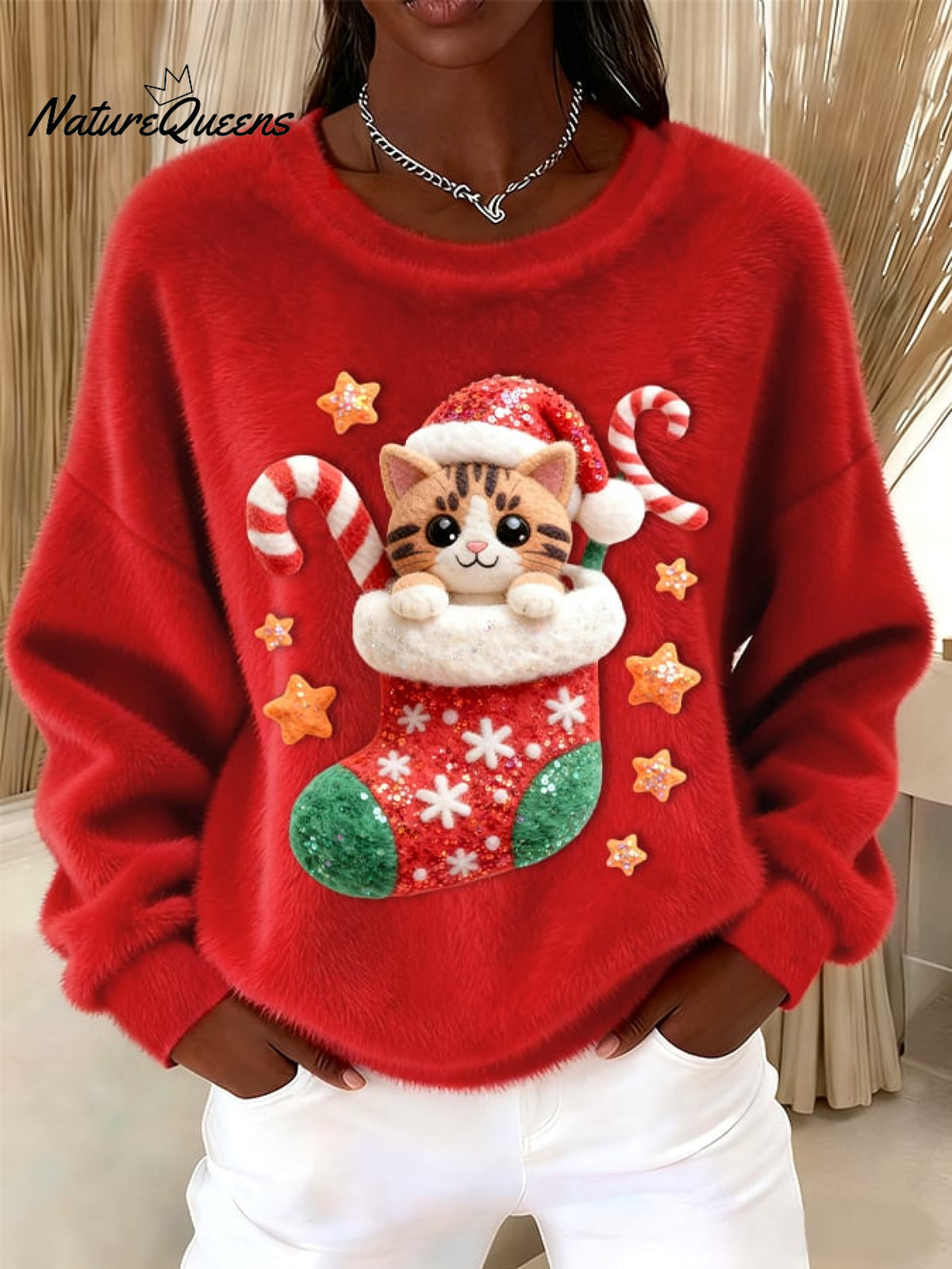 Women's Vintage Christmas Cute Cat Print Sweater