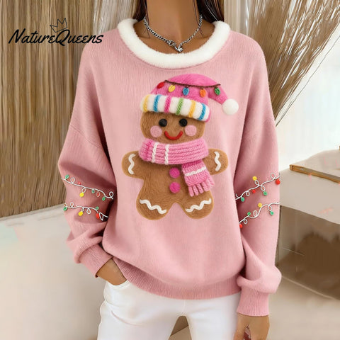 Women's Christmas Gingerbread Print Crew Neck Casual Sweatshirt