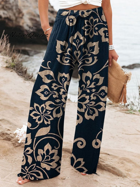 Bronzing Visual Retro Flower Women's Printed Cotton And Linen Casual Pants