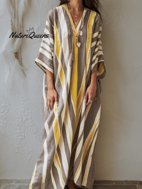 Linen Printed Kaftan Maxi Dress