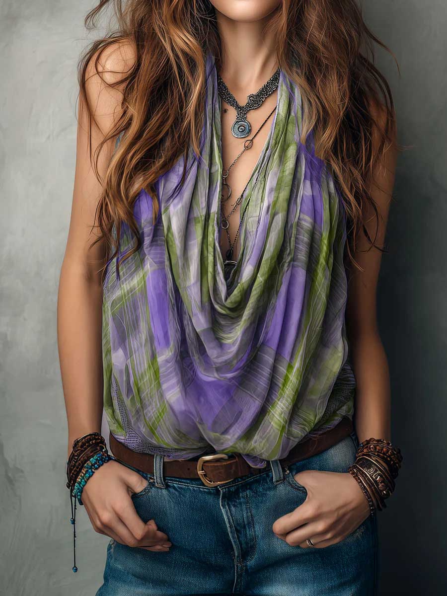 Women's Cowl-neck Sleeveless Loose-fit Casual Plaid Print Top