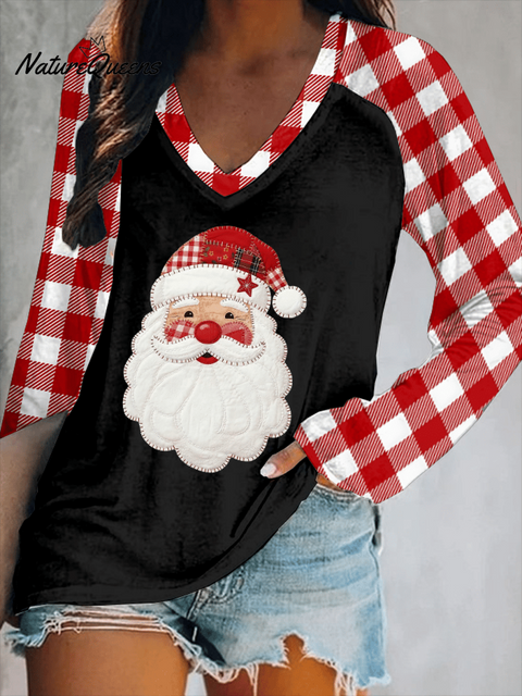 Women's Santa Claus Check Print V-Neck T-Shirt