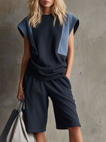Casual Retro Denim Patchwork Navy Blue Short-sleeved Sweatshirt And Shorts Set