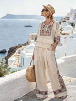 Women'S Casual V-Neck Printed Wide-Leg Pants Set