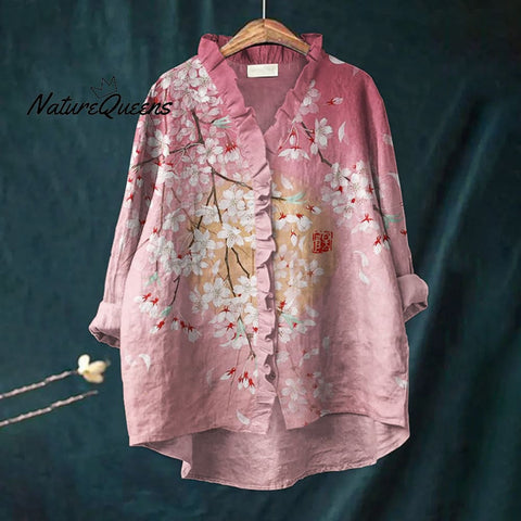 Pink Cherry Blossom Japanese Art Ruffle Trim Linen Blouse