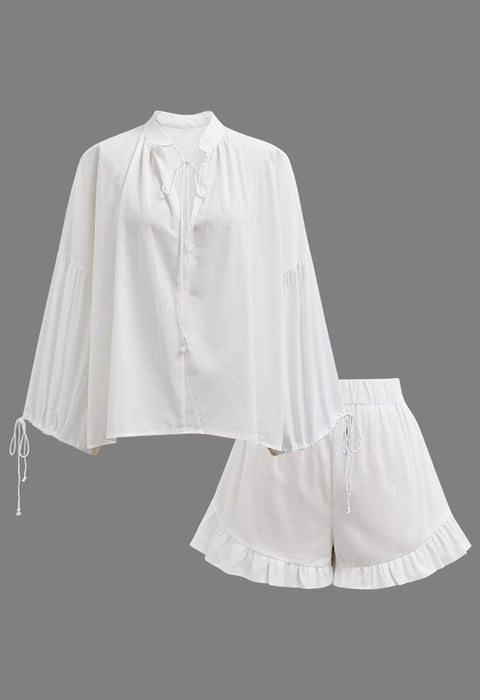 Women's Lantern Sleeve Drawstring Shirt and Shorts Set
