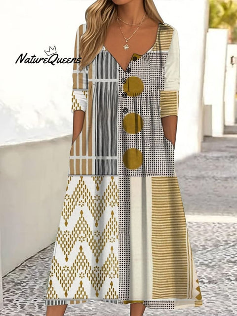 Women's Casual Button Collar Contrast Geometric Pattern Print Dress