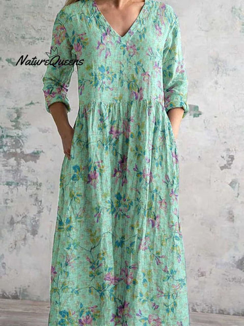 Women's Pastoral Floral V-Neck Cotton and Linen Dress with Pockets