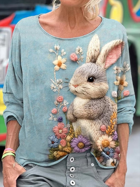 Women's Easter Bunny Print Crewneck Top