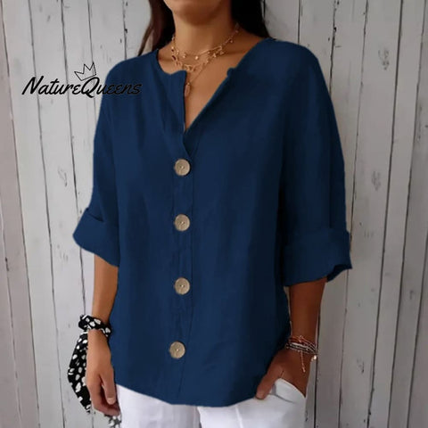 Solid Color Linen Blend Button Casual Shirt